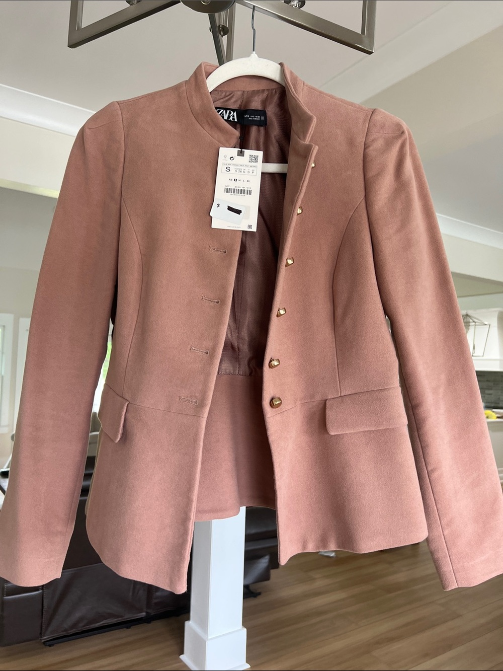 Zara Dusty Rose Collarless Blazer with Gold Buttons